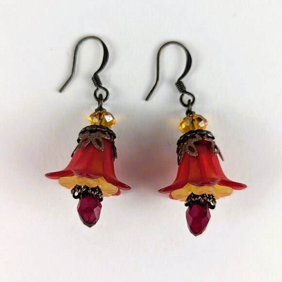 Red/Yellow Floral Dangle Earrings - Picture 1 of 3
